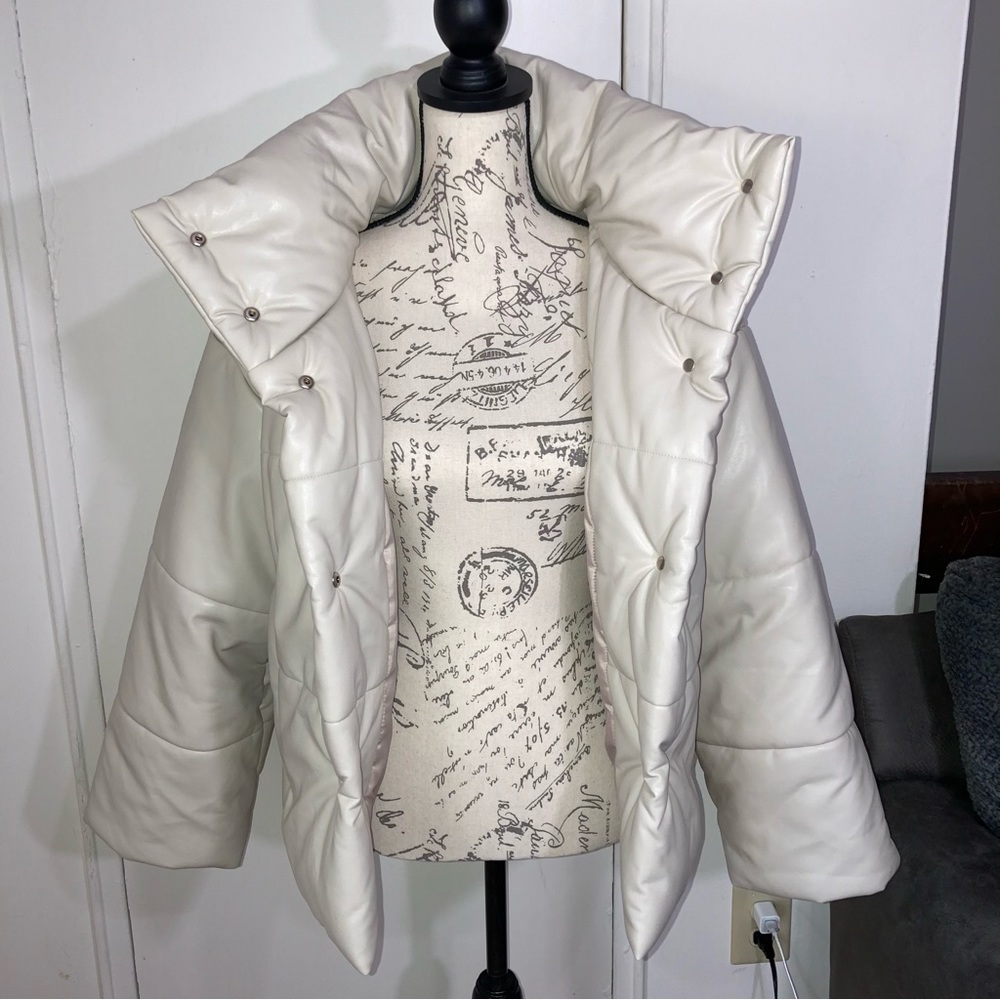 Faux Leather Cream Puffer Jacket High Neck Funnel Neck Coat - Picture 6 of 17